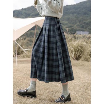 百褶裙女2025春秋季新款學院風格子半身裙高腰a字 小個子顯瘦長裙