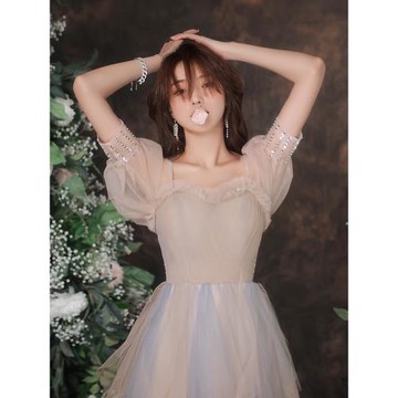 高定法式晚禮服裙女輕奢小眾生日party冬季宴會長款主持人伴娘服