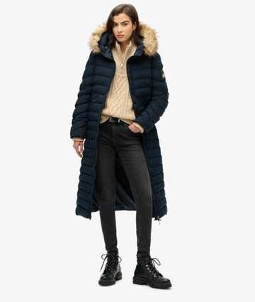 Superdry Women's Fuji Faux Fur Hooded Longline Jacket Navy Size: 8