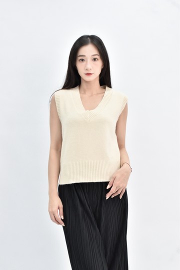 (S) 針織V領無袖背心杏色毛衣
