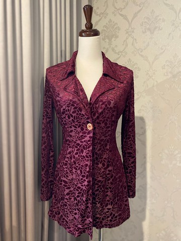 暗紅玫瑰絨面透膚古著罩衫韓國製