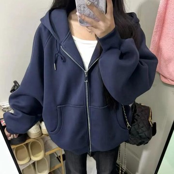 愛依依 衛衣外套 連帽外套 印花上衣 學院風 S-2XL新款美式通勤簡約開衫拉鍊衛衣男女設計感上衣外套-10573.