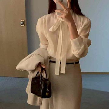 正韓雪紡上衣 飄帶長袖雪紡衫OSR1035-創翊韓都