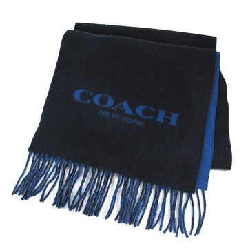 COACH 深藍色大LOGO羊毛流蘇圍巾(168cm x 31cm)