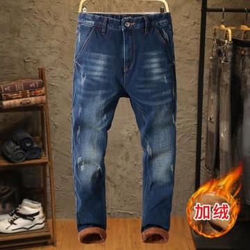 秋冬款加絨牛仔褲男潮牌修身小腳冬季加厚保暖彈性外穿青年長褲子