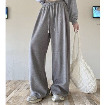 La Belleza韓版鬆緊腰抽繩側口袋高腰垂感寬鬆闊腿褲美式厚料棉褲休閒運動褲