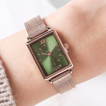 正韓JULIUS昨夜月光方形金屬米蘭鍊帶手錶【WJA1263】-綠面玫金帶