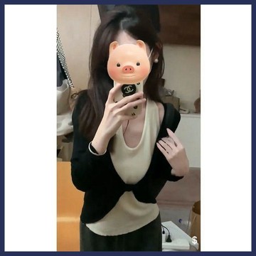 WYZ黑色假兩件交叉掛脖衫女初秋季收腰設計長袖打底撞色上衣