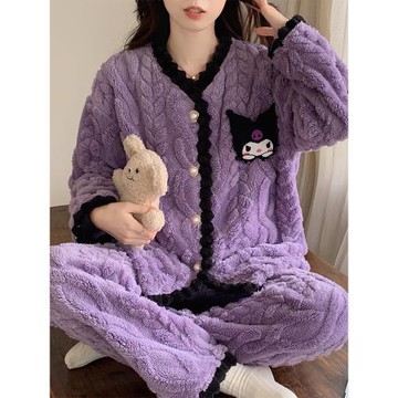 2023年新款秋冬季天庫洛米睡衣女加厚加絨珊瑚絨法蘭絨毛絨家居服