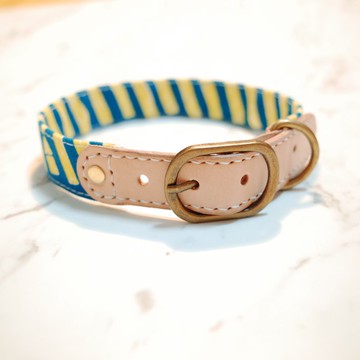 狗 項圈 L號 藍綠斑馬線 黃條紋 手繪風 附鈴鐺 可加購吊牌
