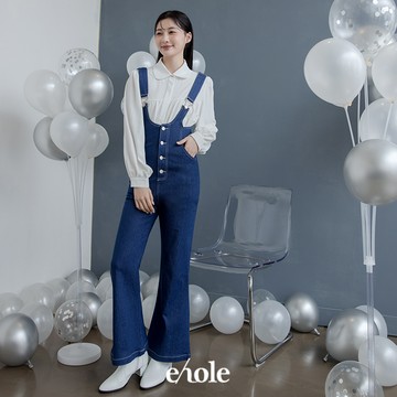 (福)顯比例牛仔排釦吊帶褲