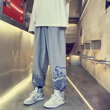 春秋夏季小熊涂鴉褲子男士薄款港風潮牌寬松百搭束腳運動休閑衛褲