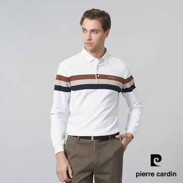 pierre cardin 皮爾卡登 男款 棉質混紡定位條長袖POLO衫-米白色(5245298-91)