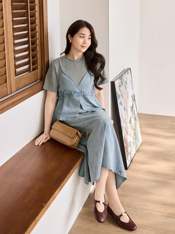 雲朵自訂款-假兩件腰抽繩魚尾牛仔洋裝