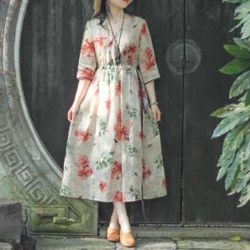 念江南苧麻溫柔風原創氣質連衣裙女夏季v領收腰顯瘦復古棉麻a字裙