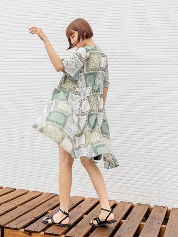 民族風渡假印花腰綁帶長版罩衫洋裝