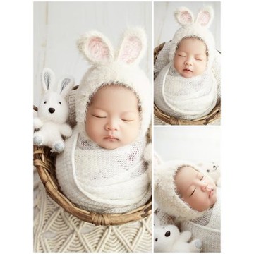 新生兒攝影服裝道具米色兔子寶寶拍照衣服帽子影樓寫真嬰兒滿月照