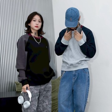 【AMERO】男裝 女裝  長袖圓領大學T 內刷絨 拼接小標 情侶裝