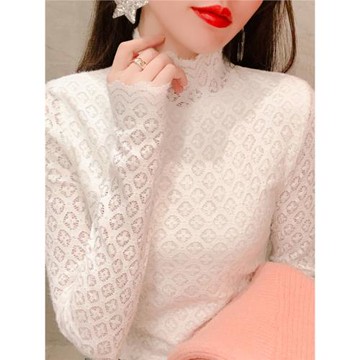精致花紋高領磨毛蕾絲加厚打底衫女秋冬加絨長袖內搭洋氣網紗上衣