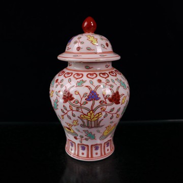 古玩收藏 大清乾隆粉彩將軍罐 五彩鴛鴦戲水紋將軍罐 儲物罐擺件