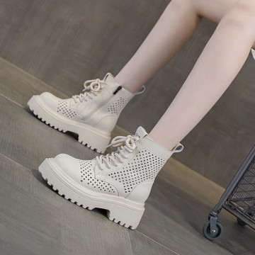 馬丁靴女2025年夏季皮面沖孔短筒工裝靴英倫風休閑時尚百搭女靴