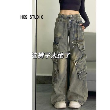 復古重工解構設計多口袋直筒牛仔褲女2025秋冬新款辣妹嘻哈闊腿褲