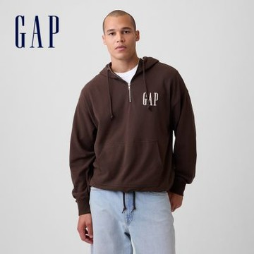 【GAP】VintageSoft寬版半拉鍊Gap Logo帽T-大地棕(907611)