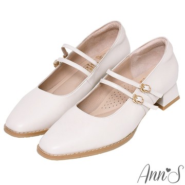 Ann’S高訂綿羊皮-雙層細帶 粗低跟瑪莉珍鞋3cm-白