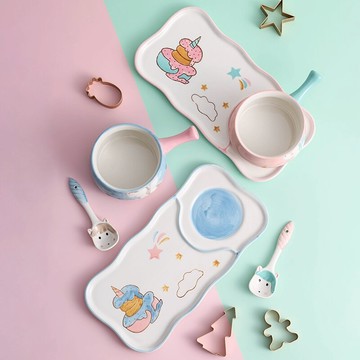 高顏值獨角獸兒童餐具套裝手繪釉下彩創意奶鍋早餐盤可愛卡通餐具