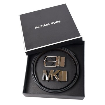 MICHAEL KORS 男款 銀字MK緹花LOGO防刮雙面用皮帶禮盒-黑色