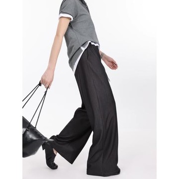 黑色闊腿牛仔褲女2024秋新款高腰慵懶寬松復古直筒抽繩松緊拖地褲