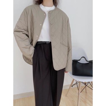 高級感超好看無領菱格絎縫棉衣棉服夾棉外套輕薄女2025新款秋冬