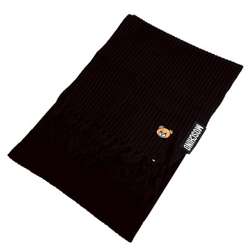 MOSCHINO 30779 M2960 電繡小熊針織羊毛長圍巾.黑