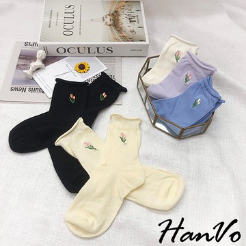 【HanVo】夏日粉嫩小花刺繡捲邊中筒襪 韓系簡約百搭舒適棉質襪 韓國潮流時尚休閒襪 女生配件 A12-6140