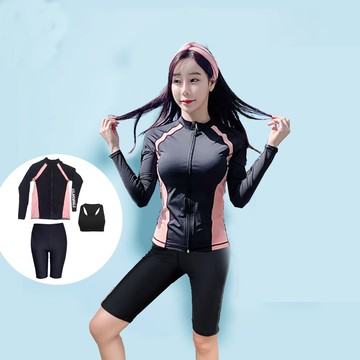 比基尼妮.粉漾外套長袖三件式五分褲泳衣泳裝(M-2L