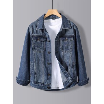 深藍色男士牛仔外套春秋款工裝翻領夾克男款寬松休閑上衣2025新款