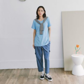 【Dailo】羊咩咩條紋仿牛仔九分錐形褲 藍 灰