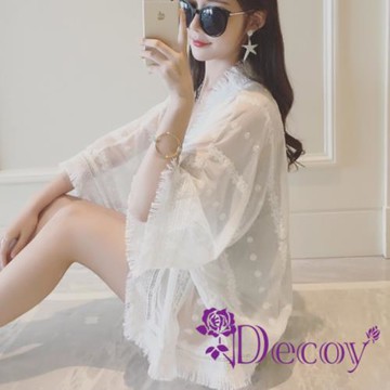 【Decoy】波西米亞＊七分袖防曬輕薄雪紡罩衫外套/白色流蘇