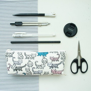 Lovely日本布【酷貓咪筆袋、米白】工具袋