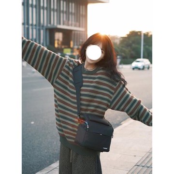 日系復古撞色條紋圓領套頭毛衣女秋冬慵懶風寬松中長款羊毛針織衫