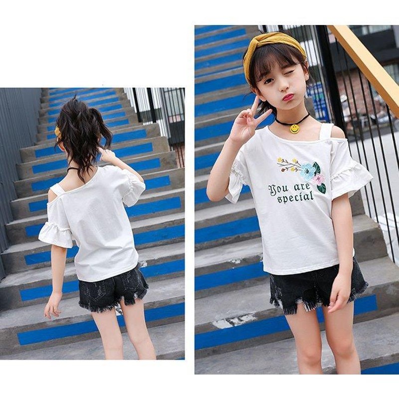 子供服 Tシャツ キッズ 女の子 韓国子供服 綿 半袖 肩出し 丸い