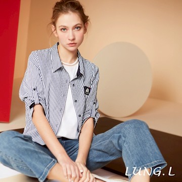 LUNG.L林佳樺 藍白條紋下擺接羅紋七分袖女裝襯衫(罩衫)LS78C