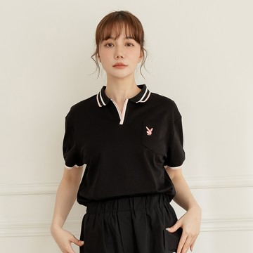 PLAYBOY - V領配色羅紋POLO衫 - 黑色/742-082-09-1