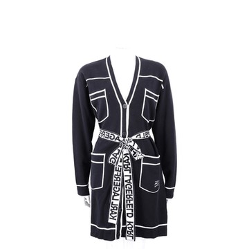 KARL LAGERFELD 撞色口袋字母黑色羊毛混紡綁帶開襟針織衫 外套