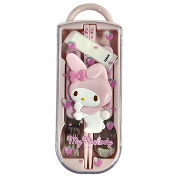 MY MELODY 美樂蒂 兒童餐具3件組 附餐具盒  美樂地款  兒童湯匙 + 筷子 + 叉子 + 收納盒  1組