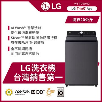 LG樂金 20公斤 AI DD™ 蒸氣直驅變頻 EZ 系列 直立式洗衣機(夜墨灰) WT-TD20HG