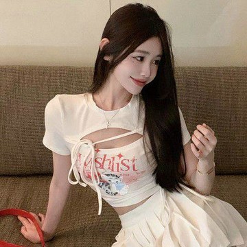 現款免運抽繩綁帶氣質卡通印花短款短袖T恤女夏季辣妹純慾風鏤空緊身上衣@