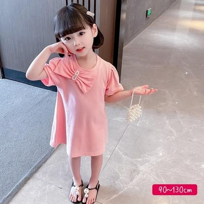 子供服 夏 ワンピース シンプル 無地 ピンク 桃色 リボン おしゃれ 保育園 幼稚園 通園 小学生 個性的 可愛い 女の子 半袖 Tシャツワンピース 膝丈 チュニック 通販 Lineポイント最大get Lineショッピング
