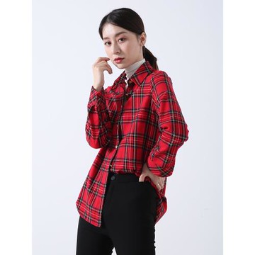 紅格子襯衫女2023春秋新款磨毛經典寬松百搭打底上衣純棉長袖襯衣