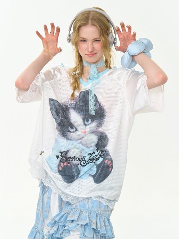 ziziFei夏季美式設計感蕾絲下擺貓咪寬松白色v領運動風短袖t恤女